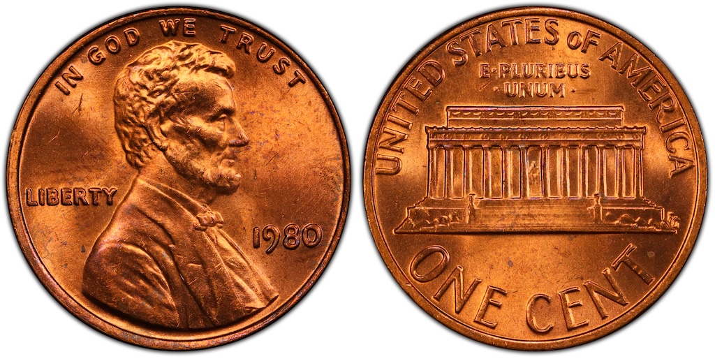 Side-by-side comparison of normal 1980 penny versus 1980 DDO FS-101 showing doubled date and LIBERTY doubling