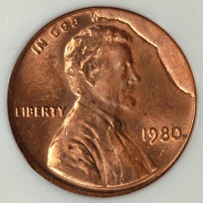 1980 penny BIE die break error showing raised vertical line between B and E in LIBERTY inscription