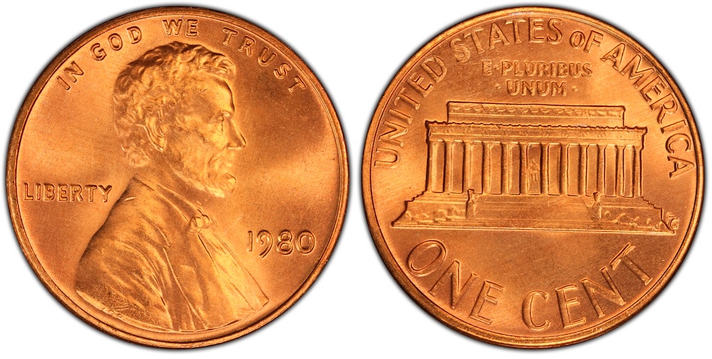Group of 1980 Lincoln Memorial cents showing Philadelphia no-mark, Denver D, and San Francisco S proof varieties together
