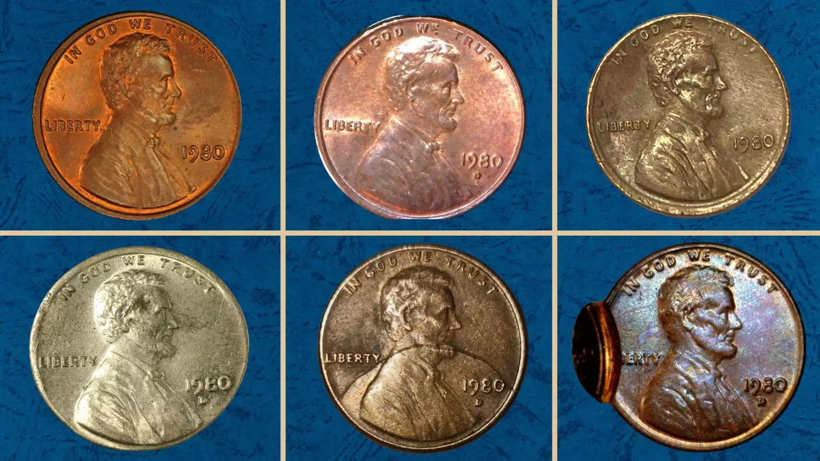 1980 penny grading strip showing four condition tiers: worn, circulated, uncirculated, and gem MS67 Red